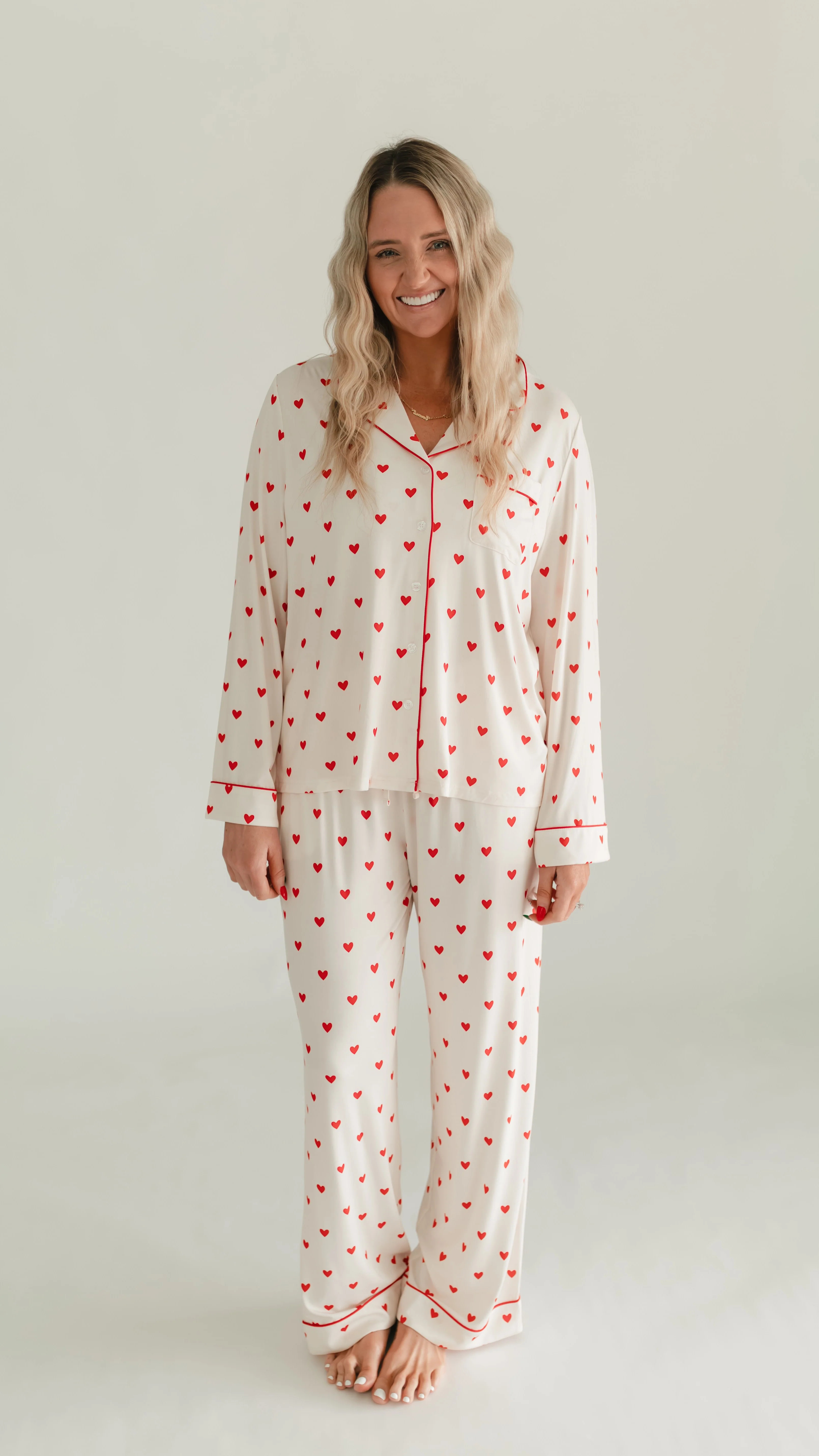 Women's Button Up Set In Cream Valentine Hearts | Silks Design