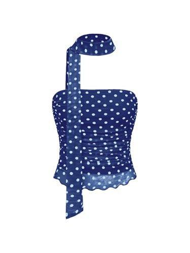 Milumia Women's Polka Dots Mesh Tube Tops Y2k Strapless Scarf Halter Top Going Out Clubbing Outfits Dark Blue X-Small | Amazon (US)