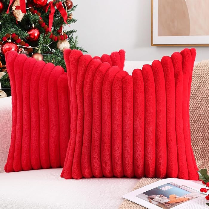 Pallene Faux Fur Plush Christmas Throw Pillow Covers 18x18 Set of 2, Luxury Soft Fluffy Striped D... | Amazon (US)