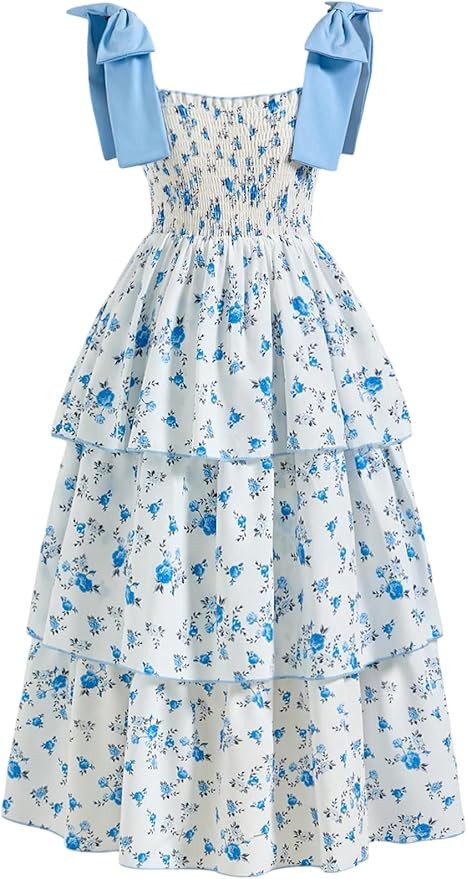 Verdusa Girl's Ditsy Floral Summer Dresses Layered Ruffle Tie Shoulder Cute Easter Sun Midi Dress | Amazon (US)