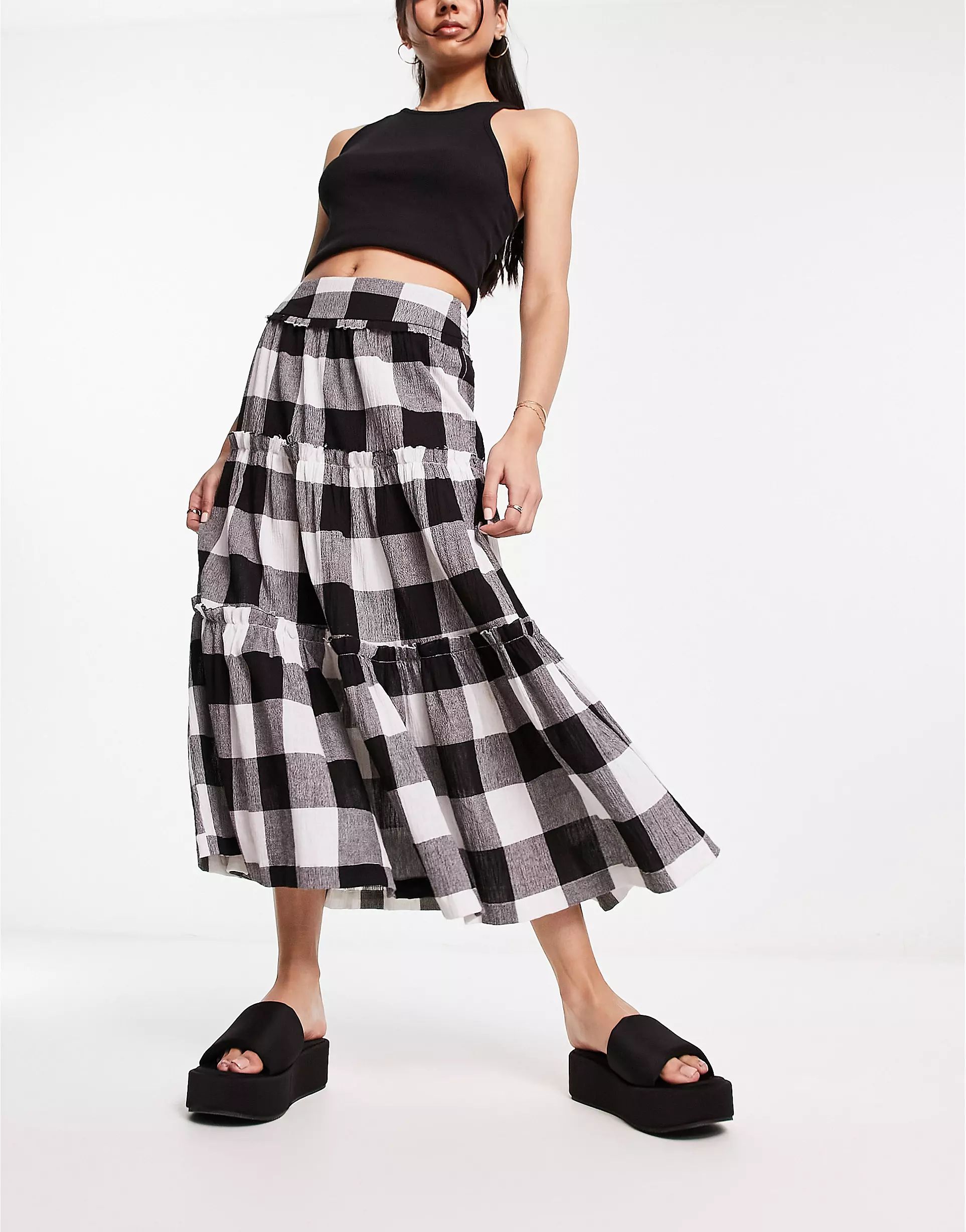 ASOS DESIGN tiered midi skirt in monochrome gingham | ASOS (Global)