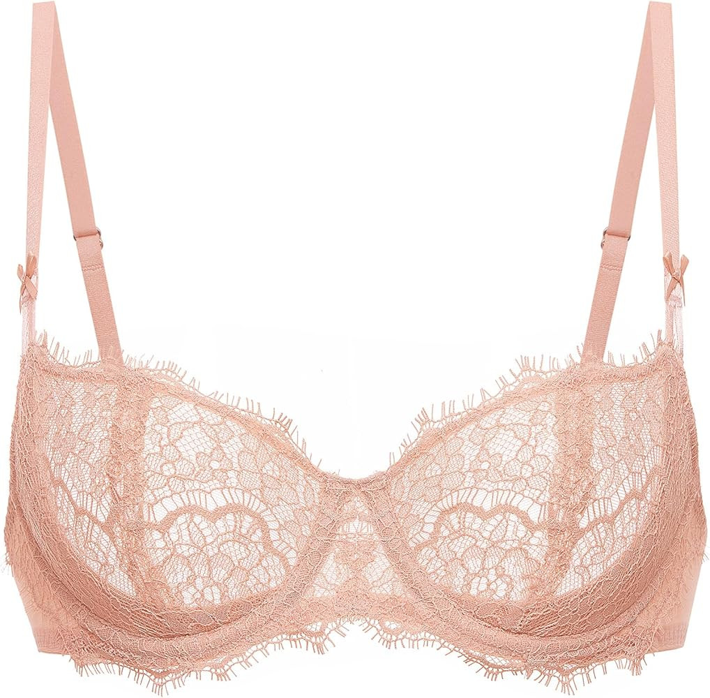 DOBREVA Women's Balconette Sexy Unlined Bra Lace Push Up Plus Size Bras See Through Underwire | Amazon (US)