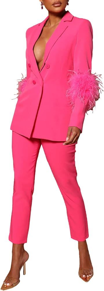 PinkPatty Women's Business Casual Outfits Lightweight Blazer Jacket and Wide Leg Pants Suit Set | Amazon (US)