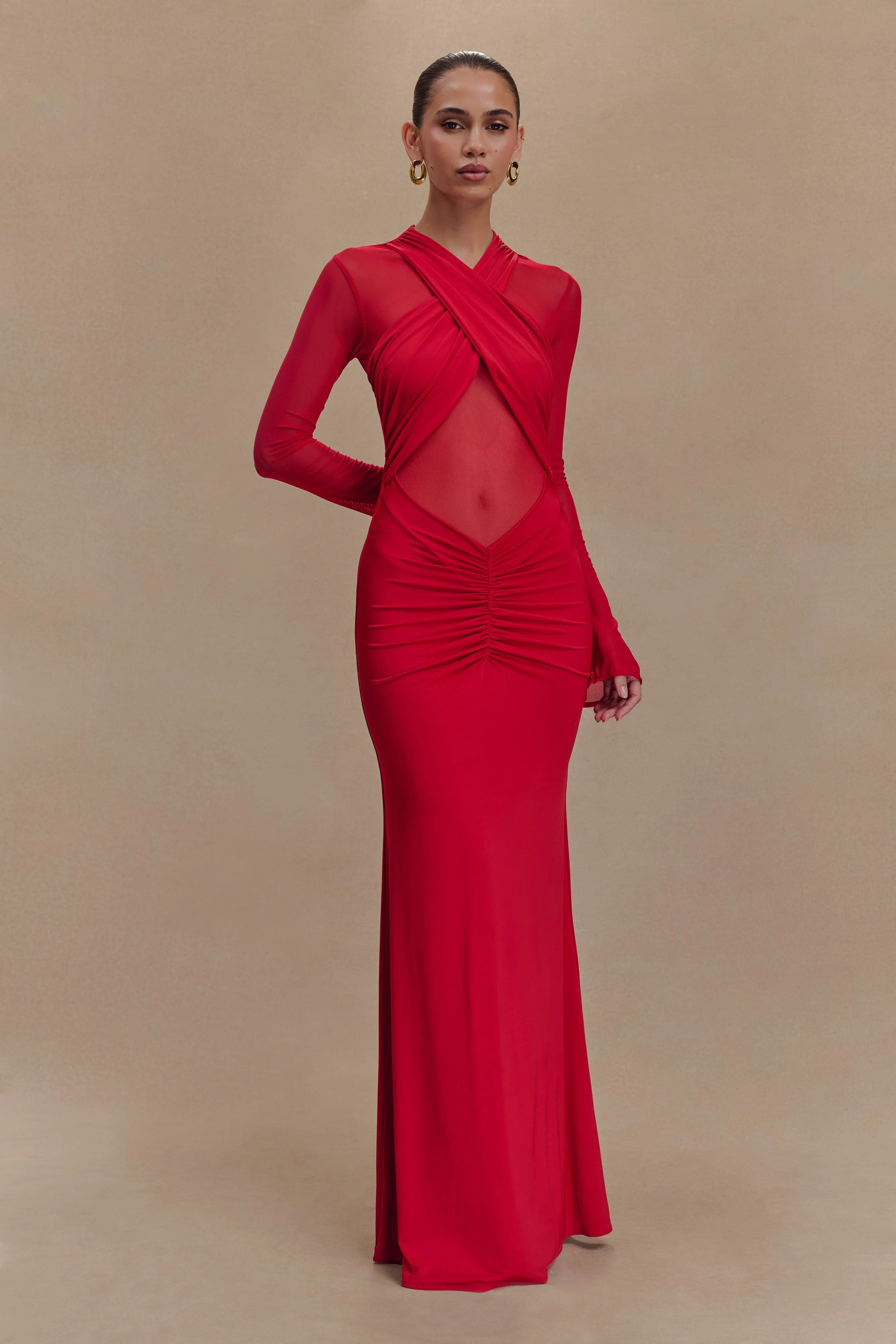 Tania Slinky And Mesh Long Sleeve Maxi Dress - Ruby | MESHKI US