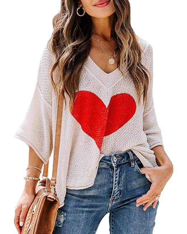 Chang Yun Women Off Shoulder Knitted Pullovers Sweater Loose Long Sleeve Hearts Printed Ripped To... | Amazon (US)