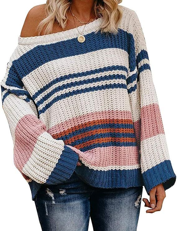 ZESICA Women's 2024 Fall Long Sleeve Crew Neck Striped Color Block Casual Loose Knitted Pullover ... | Amazon (US)