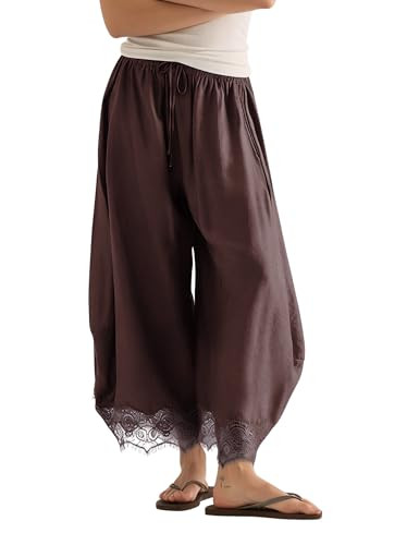 PUWEI Women's Cropped Lace-Hem Pants High Waisted Drawstring Wide Leg Pants Casual Lightweight Tr... | Amazon (US)