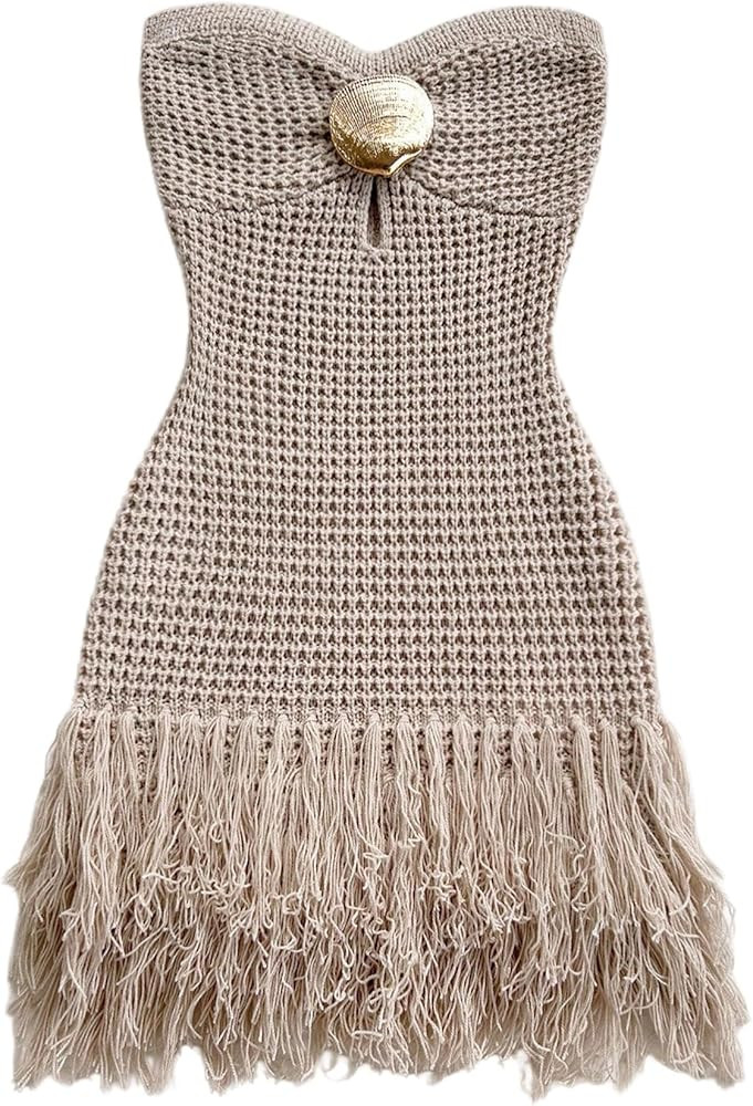 SweatyRocks Women's Boho Summer Vacation Strapless Crochet FringeTube Top Mini Dress | Amazon (US)