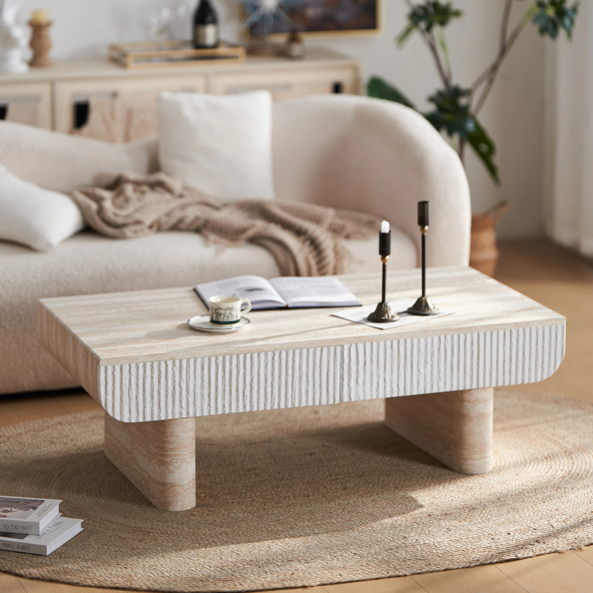 LOVMOR Coffee Table with Faux Marble Tabletop Mid Century Modern Coffee Table with Fluted Drawer Coffee Table for Living Room Office | Lowe's