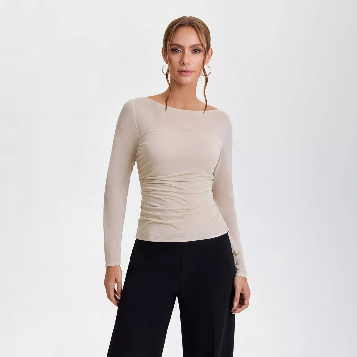 Women's Long Sleeve Ruched Blouse - A New Day™ Beige | Target