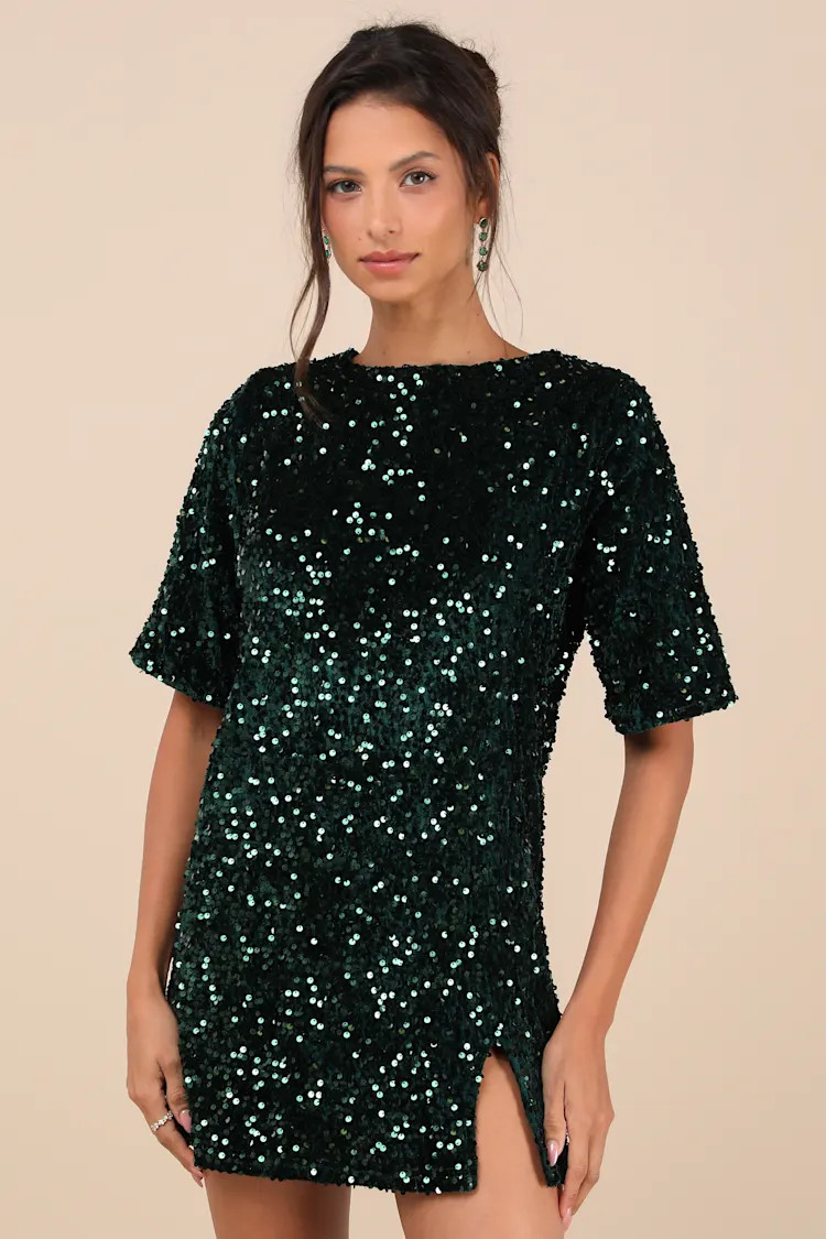 Marca Emerald Green Sequin Tie-Back Short Sleeve Shift Dress | Lulus
