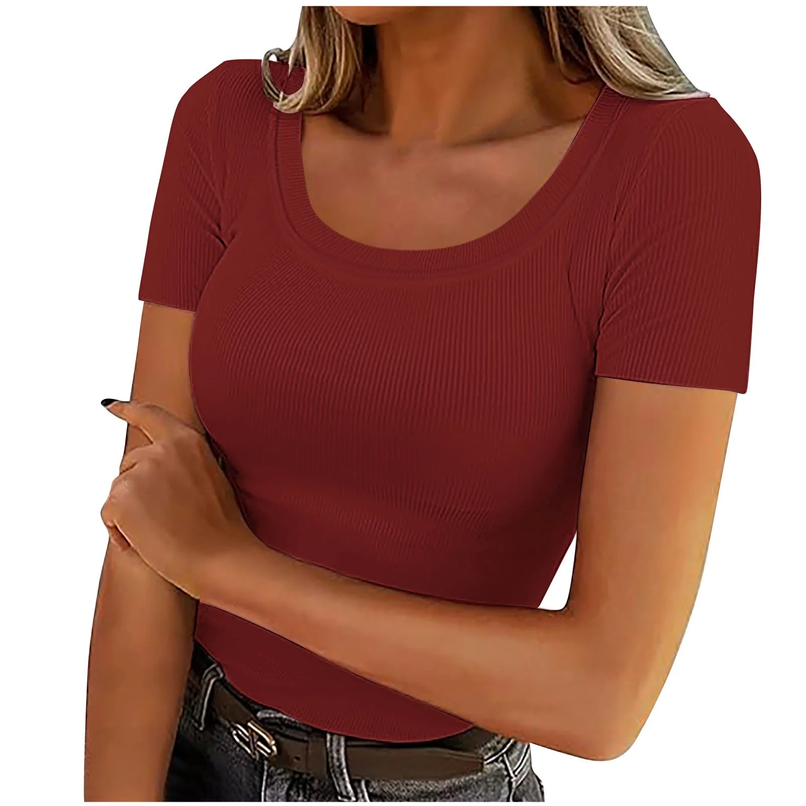 Lovskoo 2024 Women's Short Sleeve Scoop Neck Ribbed Knit Casual Tops Tee Summer Slim Basic Shirts... | Walmart (US)