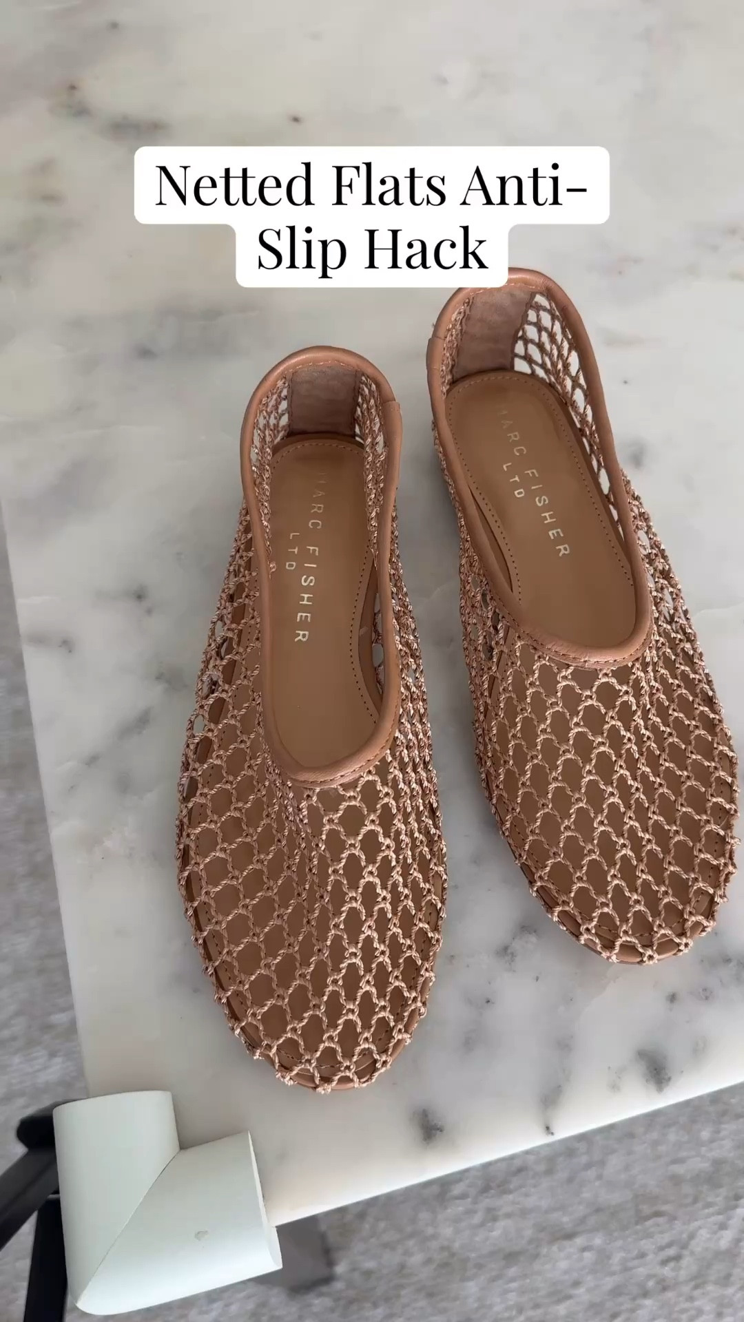 My netted flat shoe hack: glasses nose adhesive. The key to no slipping!

Marc Fisher Jazlyn flats - size down a half size  
