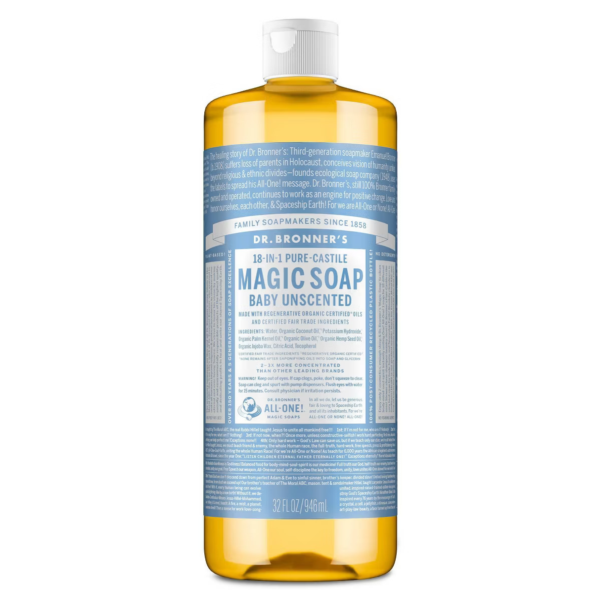 Dr. Bronner's Magic Pure Castile Liquid Soap Bodywash - Baby Unscented - 32 fl oz | Target