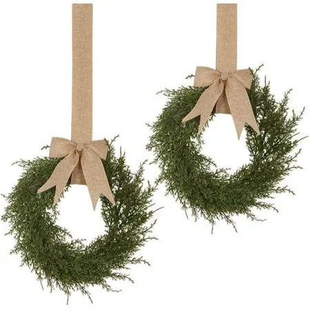 2 Pcs 12" Mini Christmas Wreaths for Front Door Xmas Greenery Cedar Wreath with Burlap Ribbon for Cabinet Wedding Window Home Wall Indoor Decor (Green) | Walmart (US)
