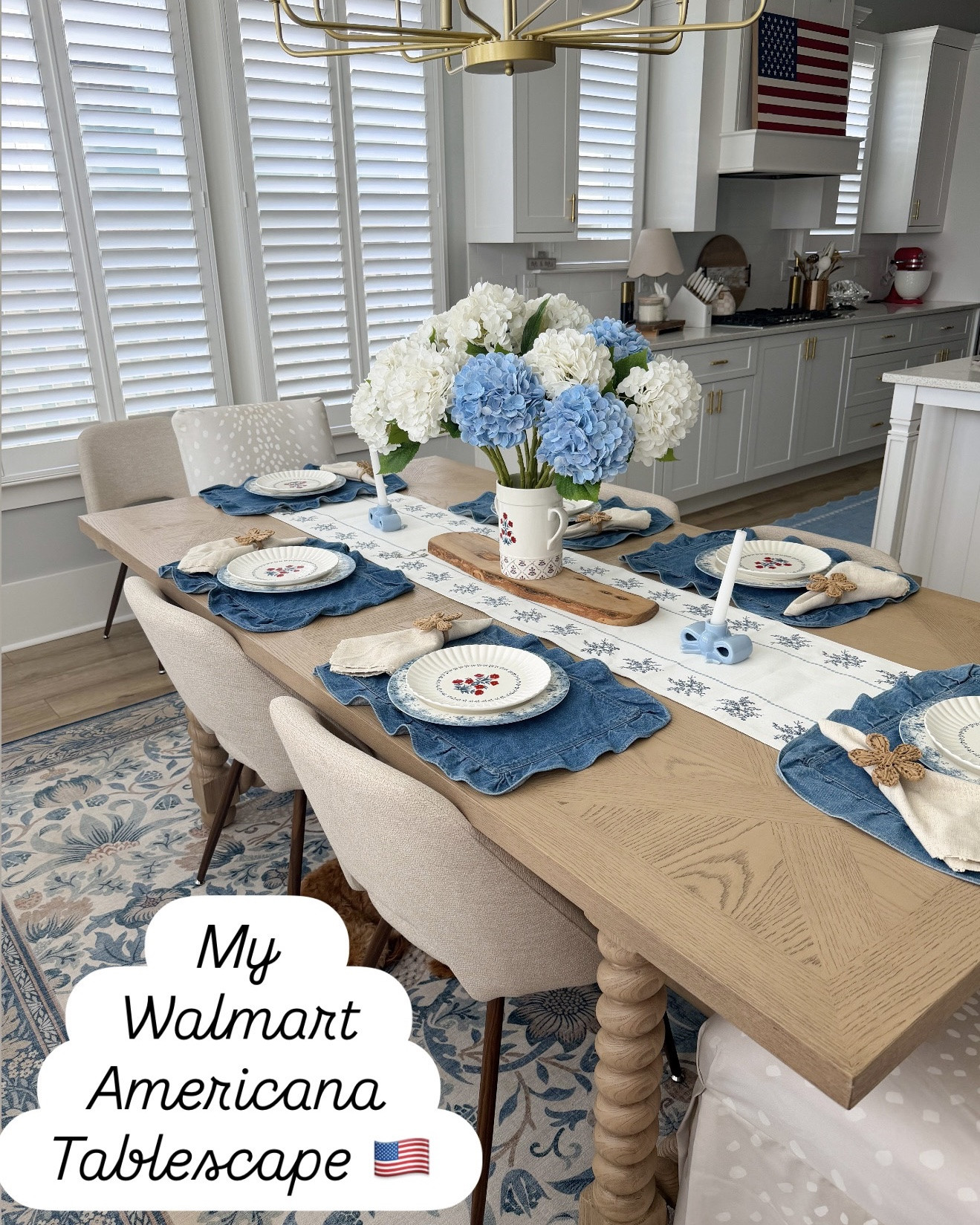 My Walmart Americana tablescape is officially ready for summer entertaining 🇺🇸💙 I cannot get over how pretty all of these new blue and white details are together! From the floral dinnerware to the denim-inspired placemats, bow candle holders, hydrangeas, and woven flower napkin rings… every single piece looks so much more high-end than the price tag. ✨

I wanted something that felt patriotic without being overly themed, and this turned out even prettier than I imagined for Memorial Day, Fourth of July, summer hosting, brunches, and backyard dinners. Walmart home decor has been SO good lately and these pieces mix perfectly with neutral decor too! 🤍

Everything is affordable, easy to style, and comes together for the cutest Americana summer tablescape. Linking all my Walmart finds because I know these are going to go FAST 👏🏼🇺🇸

#WalmartHome #AmericanaDecor #TablescapeDecor #SummerTablescape #PatrioticDecor #FourthOfJulyDecor #MemorialDayDecor #BlueAndWhiteDecor #WalmartFinds #SummerHomeDecor #DiningRoomDecor #AffordableHomeDecor #PatrioticTablescape #CoastalDecor #HydrangeaDecor #EntertainingAtHome #WalmartDecor #SummerHosting

#LTKSeasonal #LTKHome