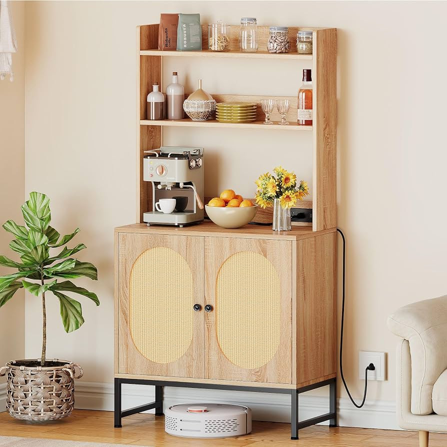DWVO Microwave Stand Bakers Rack Cabinet, Woven Rattan Farmhouse Freestanding Small Kitchen Pantr... | Amazon (US)