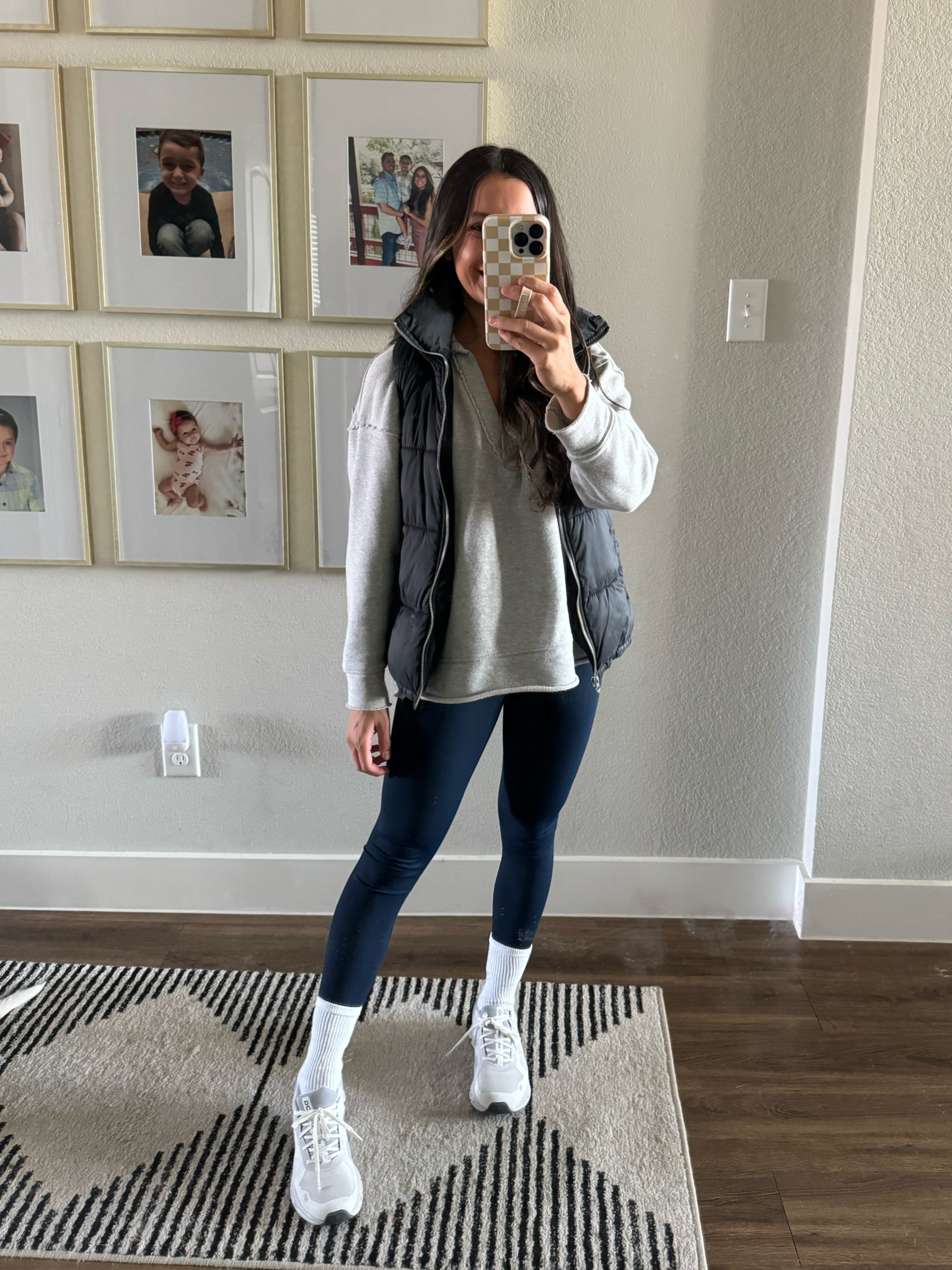 Casual outfit, puffer vest, leggings outfit, easy outfit, errands outfit, stay at home mom outfit, mom outfits, aerie sweatshirt, on running shoes, white running shoes, on shoes, tall socks, tall socks outfit, petite outfit 

#LTKSeasonal #LTKstyletip #LTKsalealert