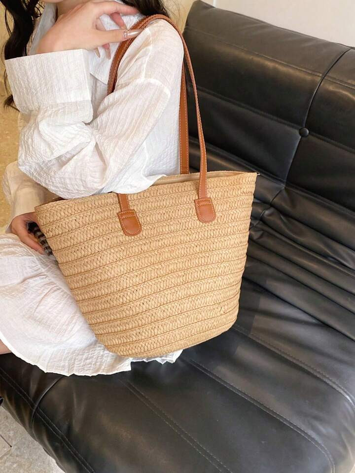 1pc Straw Tote Bag, Suitable For Vacation & Beach, Large Capacity Straw Tote Bag, Casual Woven Shoulder Bag, Shopping Bag, Mother Bag, Gift For Women | SHEIN