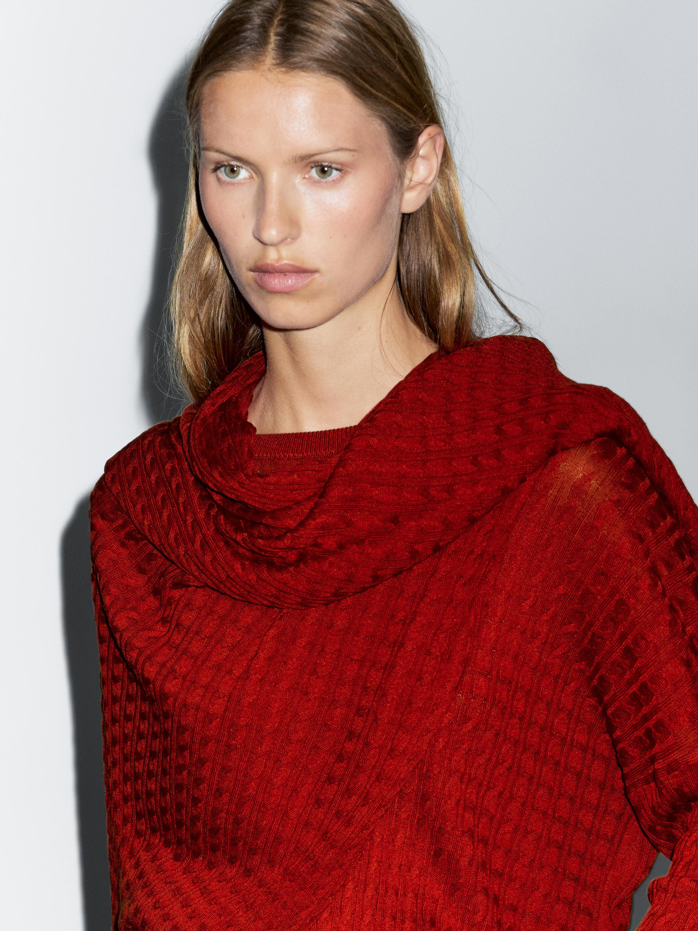 Cable-knit sweater with scarf detail | Massimo Dutti US