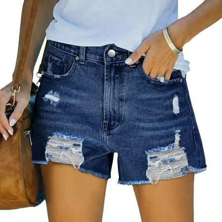 Ripped Jean Shorts Womens Casual Stretchy Denim Shorts Mid-Waisted Frayed Distressed Cut Off Hot Sho | Walmart (US)