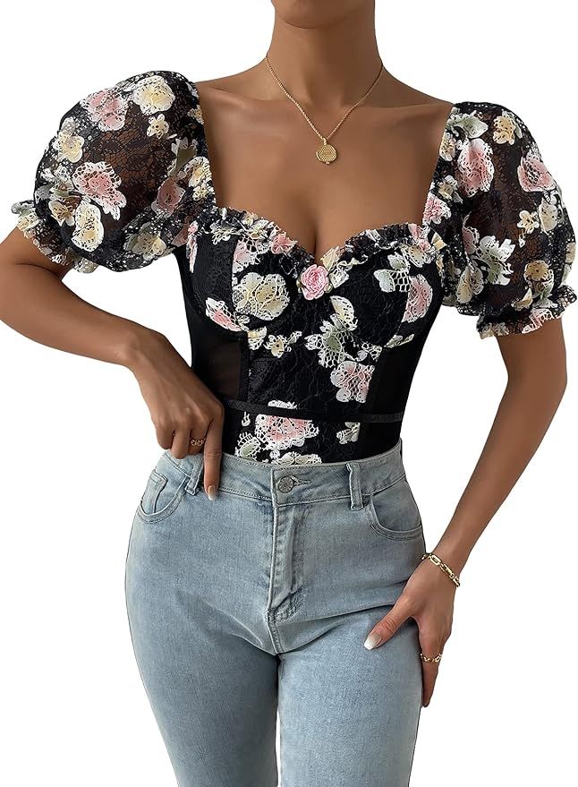 OYOANGLE Women's Floral Lace Sweetheart Neck Blouse Tops Mesh Puff Short Sleeve Bodysuit | Amazon (US)