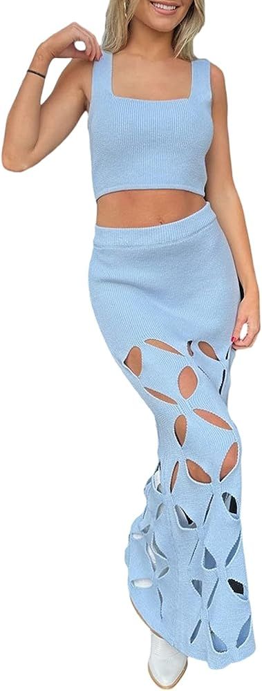 Mxiqqpltky Knitted Maxi Skirt Sets Women 2 Piece Outfits Sexy Sleeveless Crop Tank Top and Bodyco... | Amazon (US)