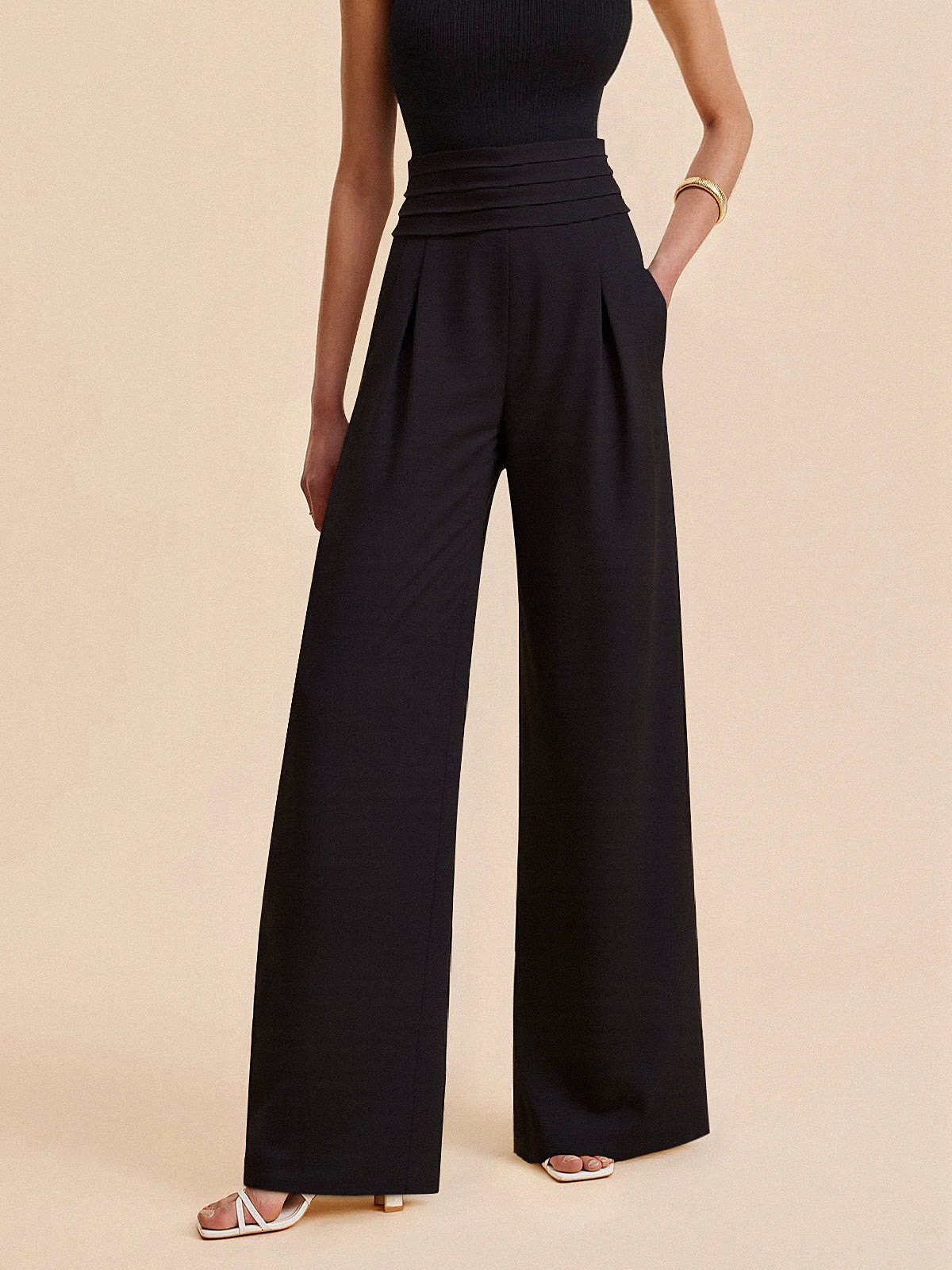High-Waist Pleated-Waistband Wide-Leg Pants | Commense