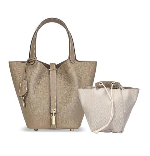 HRANRA Genuine Leather Lock Design Bucket Bag for Women, Vegetable Basket Fashionable Versatile Handbag (Grey) | Amazon (US)