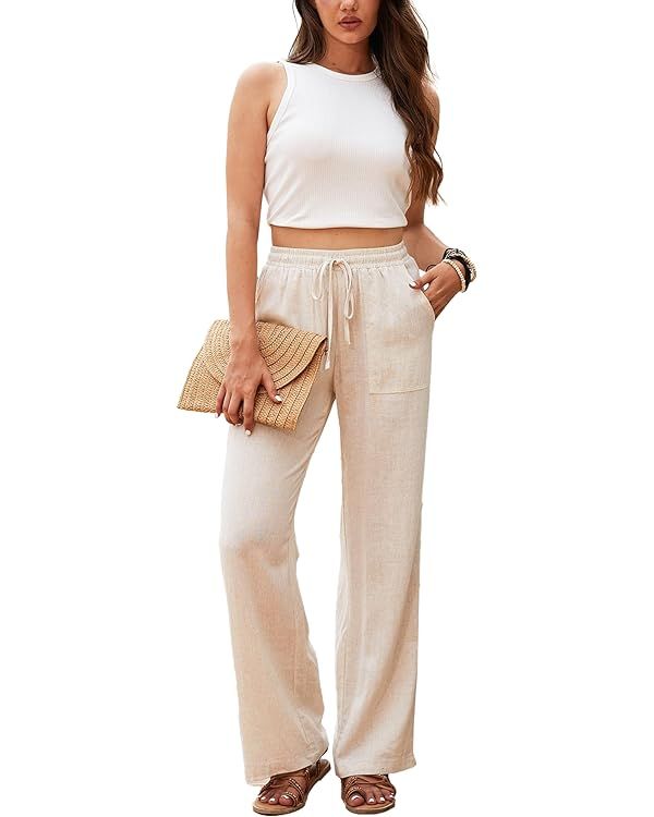 Beautiful Nomad Women's Linen High Waisted Straight Pants Casual Flowy Wide Leg Drawstring Trouse... | Amazon (US)