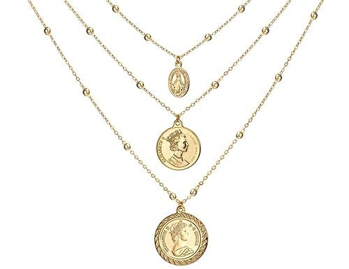Coin Pendant Necklace 18K Gold Plated Canadian Coin Elizabeth II Station Chain Coin Vintage Layer... | Amazon (US)