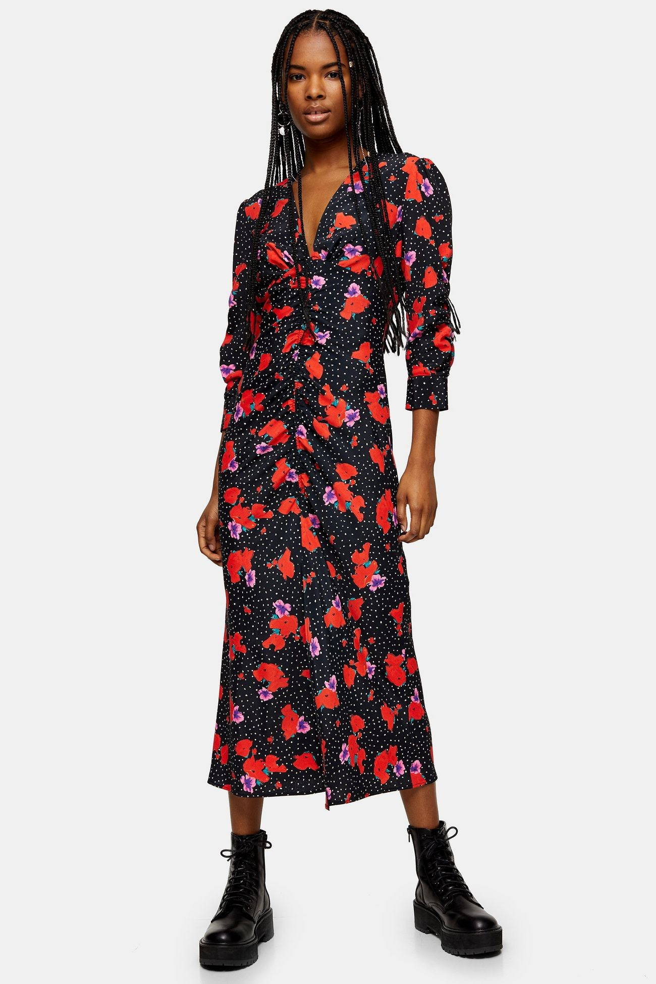 Floral Print V Neck Ruched Midi Dress | Topshop US