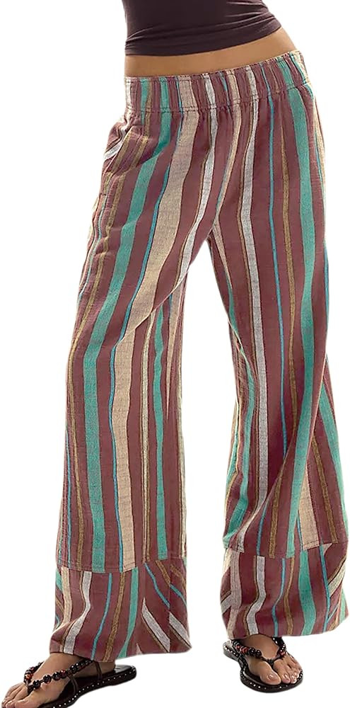 Womens Striped Wide Leg Pants Summer Boho Palazzo Pants Causal Elastic High Waist Long Lounge Tro... | Amazon (US)