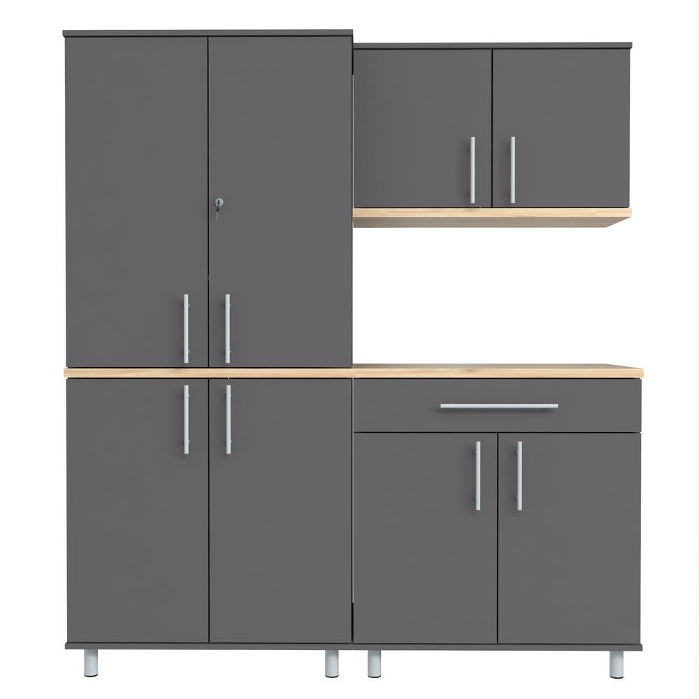 KRATOS 63 in. W x 70.8 in. H x 19.6 in. D Garage Storage Cabinet in Dark Gray and Maple (3-Piece) | The Home Depot