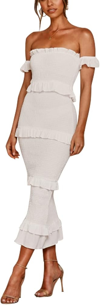 Off Shoulder Ruffle Tube Top Tiered Strapless Bodycon Smock Midi Dress | Amazon (US)