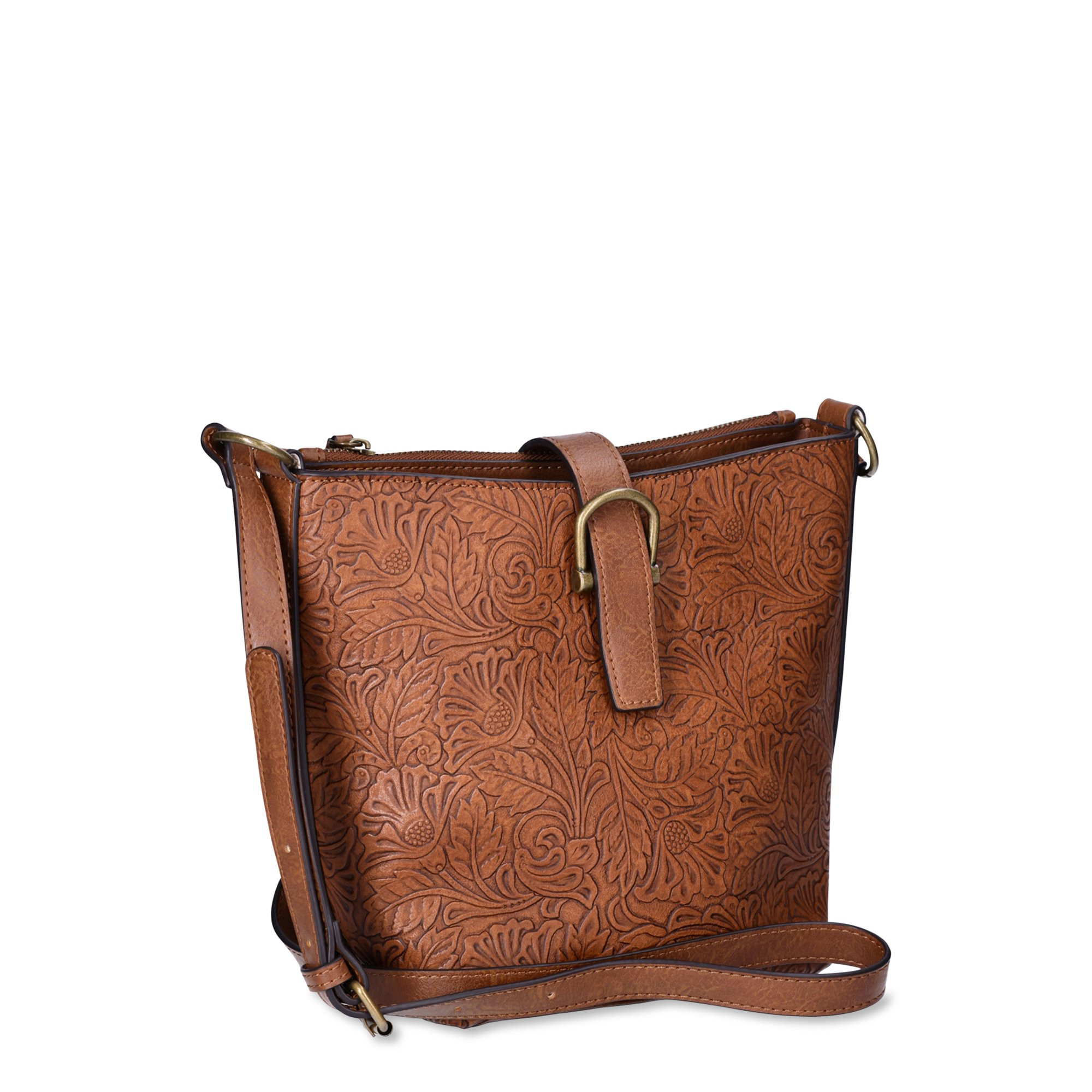 The Pioneer Woman Tooled Bucket Crossbody Handbag, Cognac, Women's | Walmart (US)