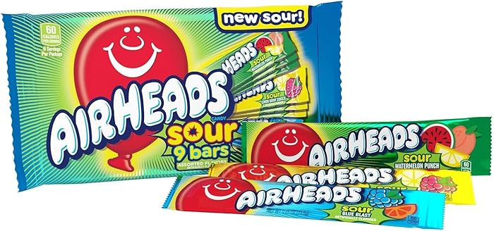 Airheads SOUR Candy Bars, Sour Watermelon Punch, Blue Blast, Lemon Berry Squeeze, 9 Bar Movie The... | Amazon (US)