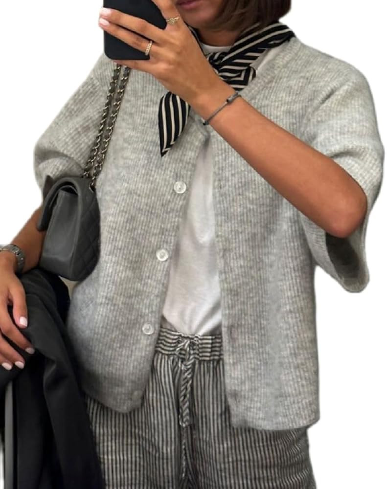 Women Lightweight Knitted Cropped Cardigan Shirt Short Sleeve Button Down Sweater Y2k Open Front ... | Amazon (US)