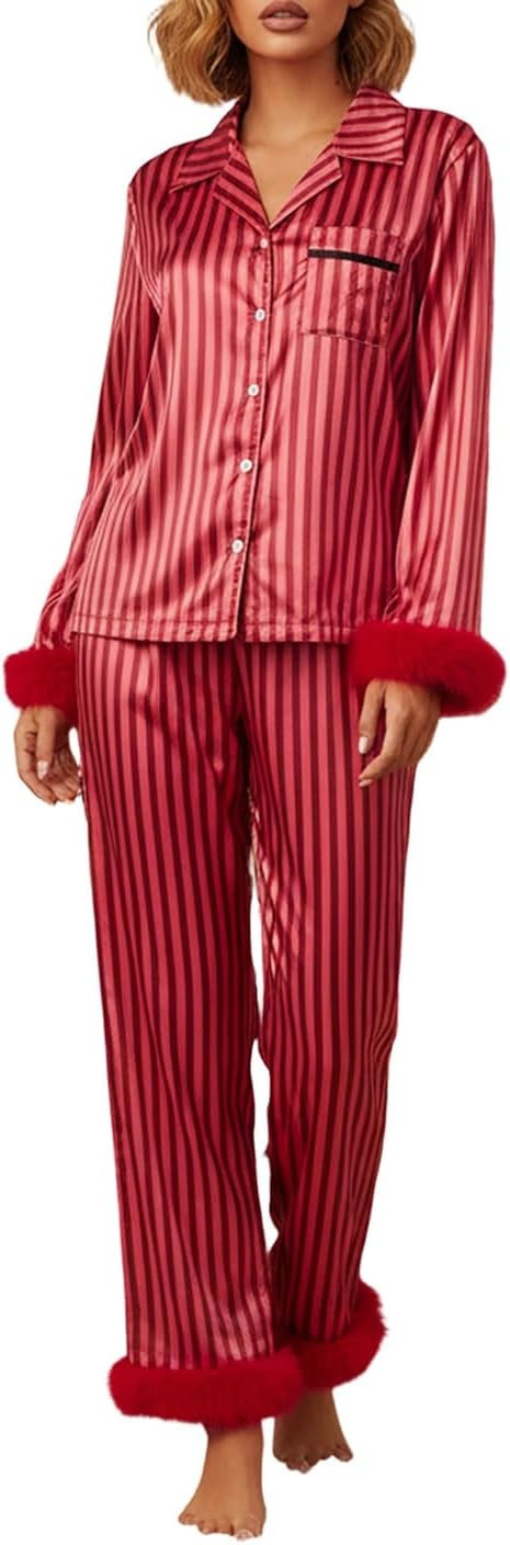 Women Christmas Feather Trim Pajamas Set Satin Silk Buttons 2 Piece Sets Long Sleeve Shirt Pants ... | Amazon (US)