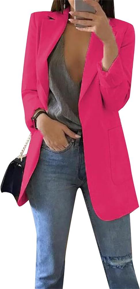 BOFETA Women's Solid Color Blazer Cardigan Casual Long Sleeve Plus Size Blazer with Pockets | Amazon (US)