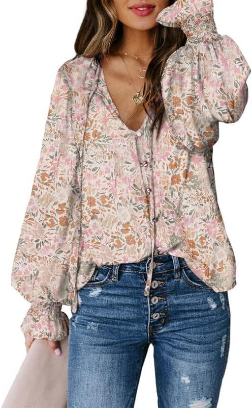 SHEWIN Women's Casual Boho Floral Print V Neck Long Sleeve Drawstring Tops Loose Blouses Button D... | Amazon (US)