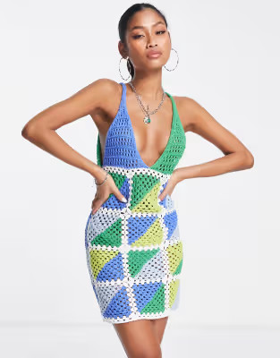 ASOS DESIGN mini crochet dress in blue patchwork | ASOS (Global)