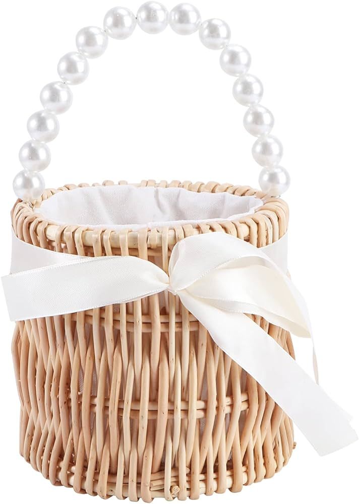IMIKEYA Wicker Rattan Flower Girl Basket,Wedding Baskets with Pearl Handle Bowknot Decorative for... | Amazon (US)