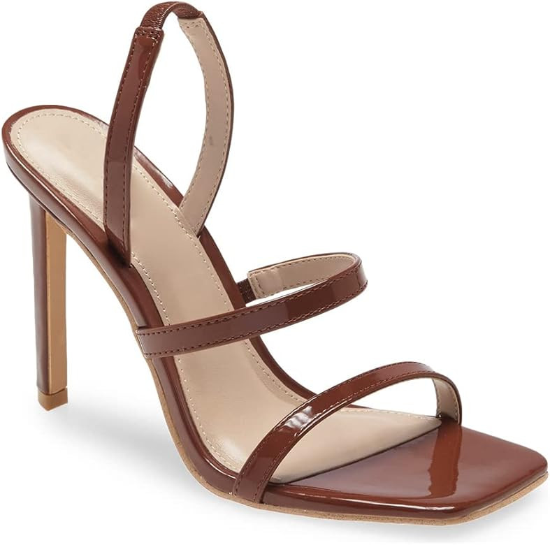 Womens Slingback Heeled Sandals Square Open Toe High Stiletto Heels Slip on Elastic Strappy Dressy S | Amazon (US)