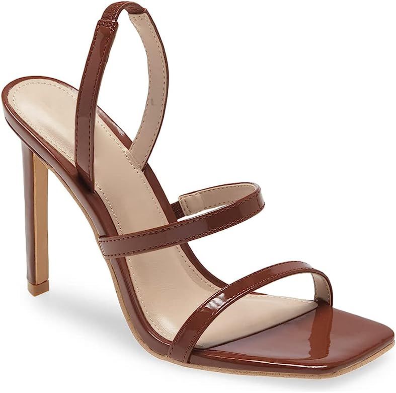 Womens Slingback Heeled Sandals Square Open Toe High Stiletto Heels Slip on Elastic Strappy Dressy S | Amazon (US)