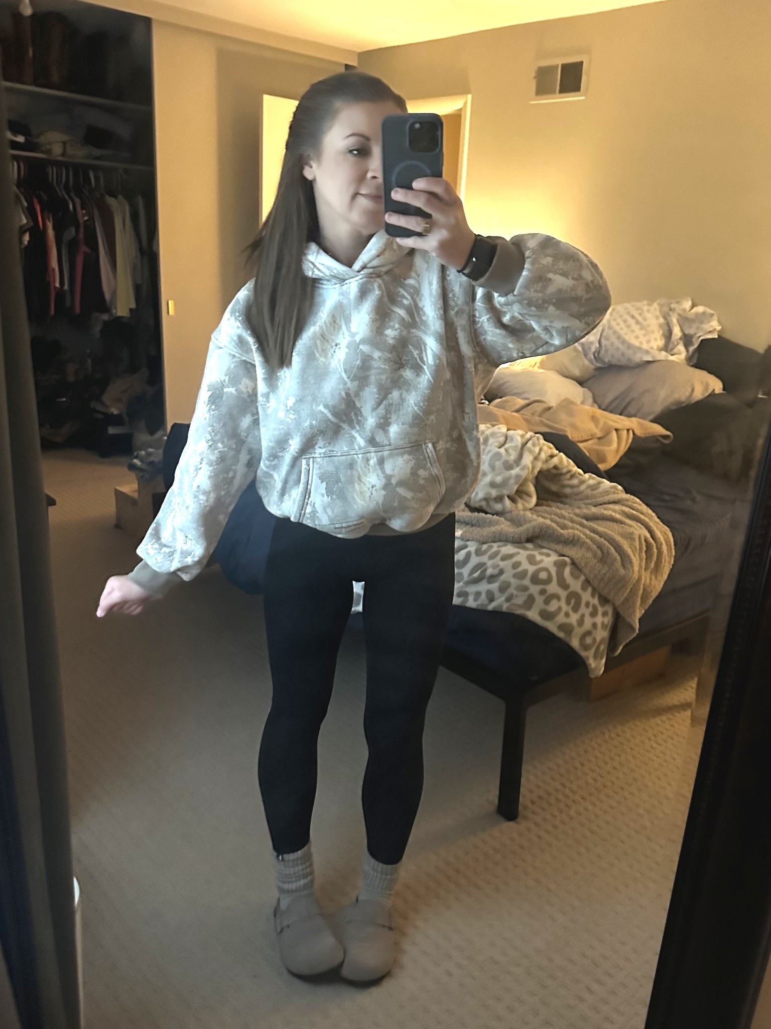 Chilly February day clothing 🤎🖤
Ignore our messy room, please. 

#comfrt #hoodie #halara #leggings #projectcloud 

#LTKPetite #LTKootd #LTKActive