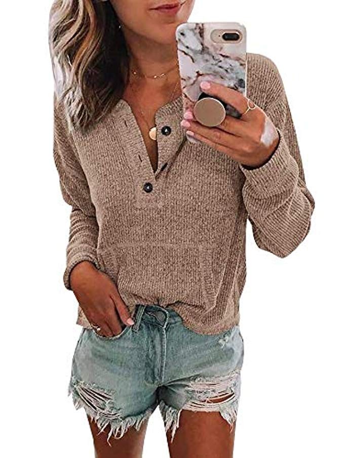 Womens V Neck Henley Shirts Pocket Long Sleeve Button Down Tops Thermal Loose Fit Tees | Amazon (US)