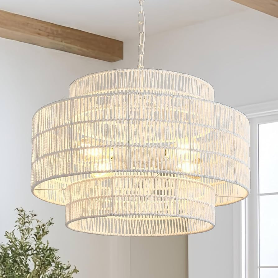 3-Tier Large White Rattan Chandeliers, 23.6in Boho Coastal Pendant Lights, Woven Hemp Rope Lighti... | Amazon (US)