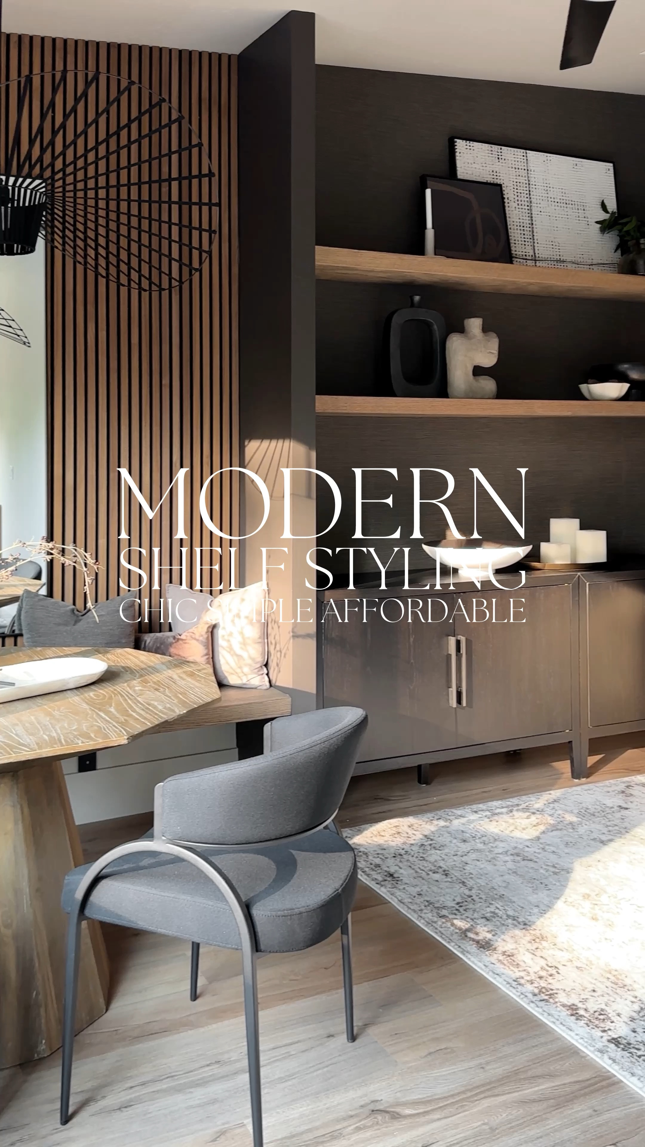 Modern shelf styling doesn’t have to be complicated or expensive. Think: an interesting book, nestled art, unique shaped decor, vases, candles, and a touch of greenery. 🖤 The key? Mixing textures, balancing heights, and creating a cohesive look that feels chic and elevated —without overspending! Simple, affordable, and oh so chic.

Affordable finds + thoughtful styling = shelves that look designer without the price tag.🖤 