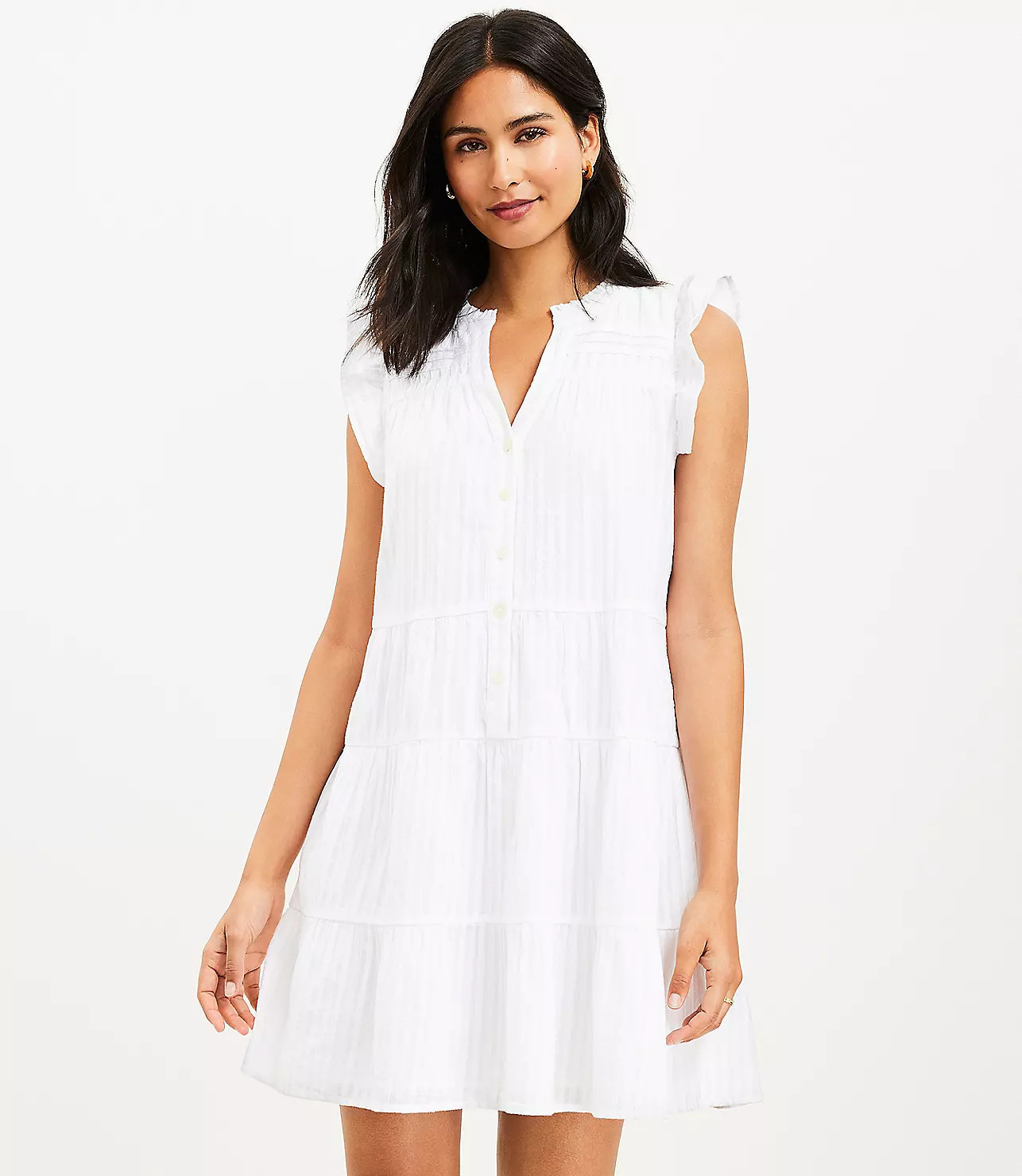 Striped Flutter Button Tiered Swing Dress | LOFT
